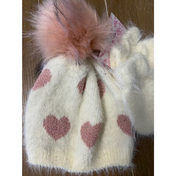 NWT Curls & Pearls couture cream pom hat with hearts and mittens - Picture 2 of 5